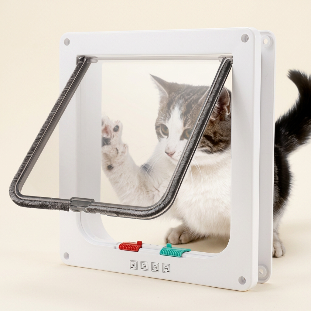 Chat franchissant une chatière connectée