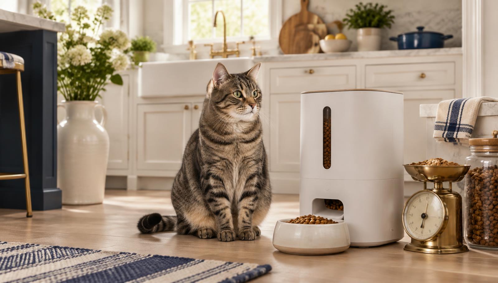 Chat tigré assis à côté d'un distributeur de croquettes et d'une balance de cuisine
