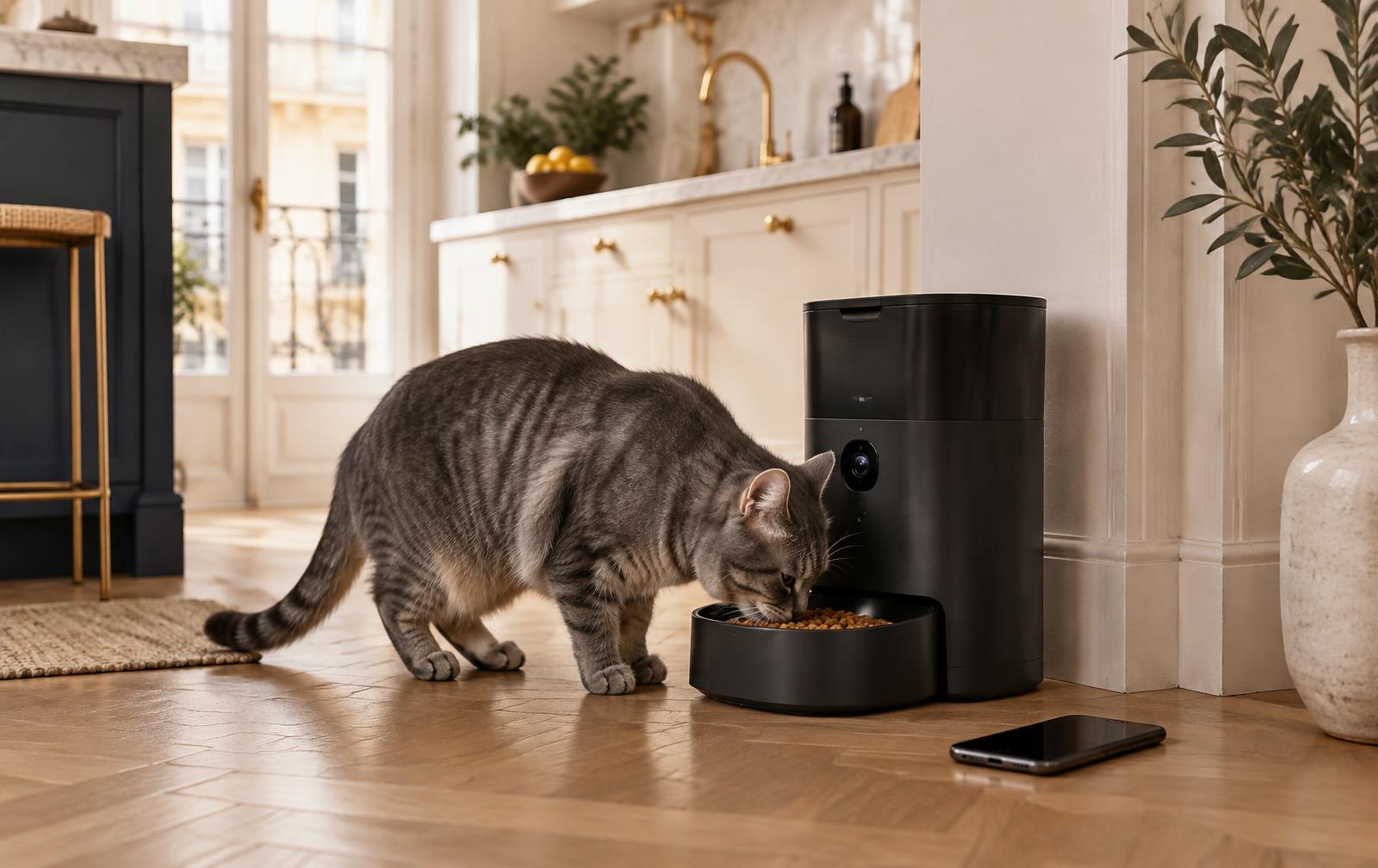 Chat tigré gris mangeant ses croquettes devant un distributeur connecté noir avec caméra intégrée